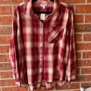 Time & Tru Size XL 16/18 Womens Maroon & Pink Plaid Button-up Long Sleeve Shirt
